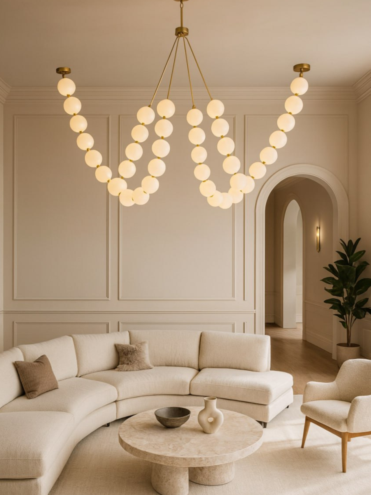 grand chandelier with globe lights in neutral interior