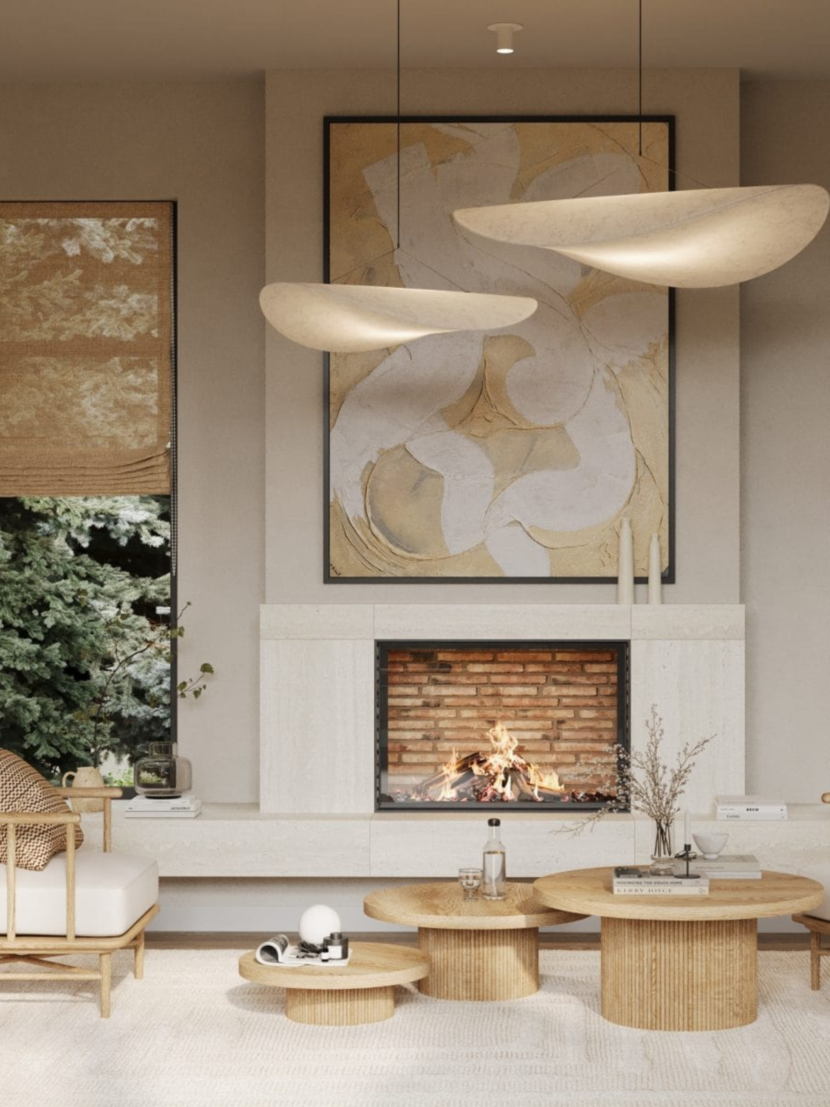 sculptural pendant lights in modern neutral living room