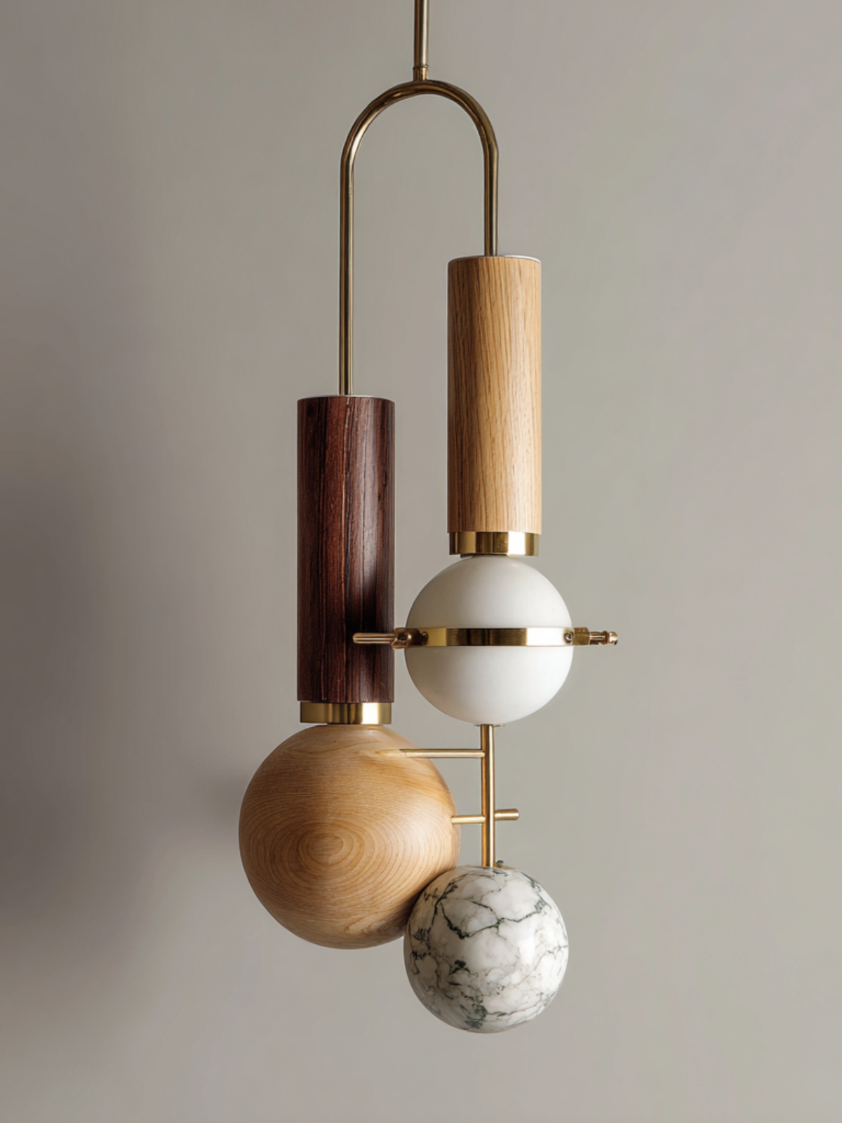 marble and wood pendant with brass accents