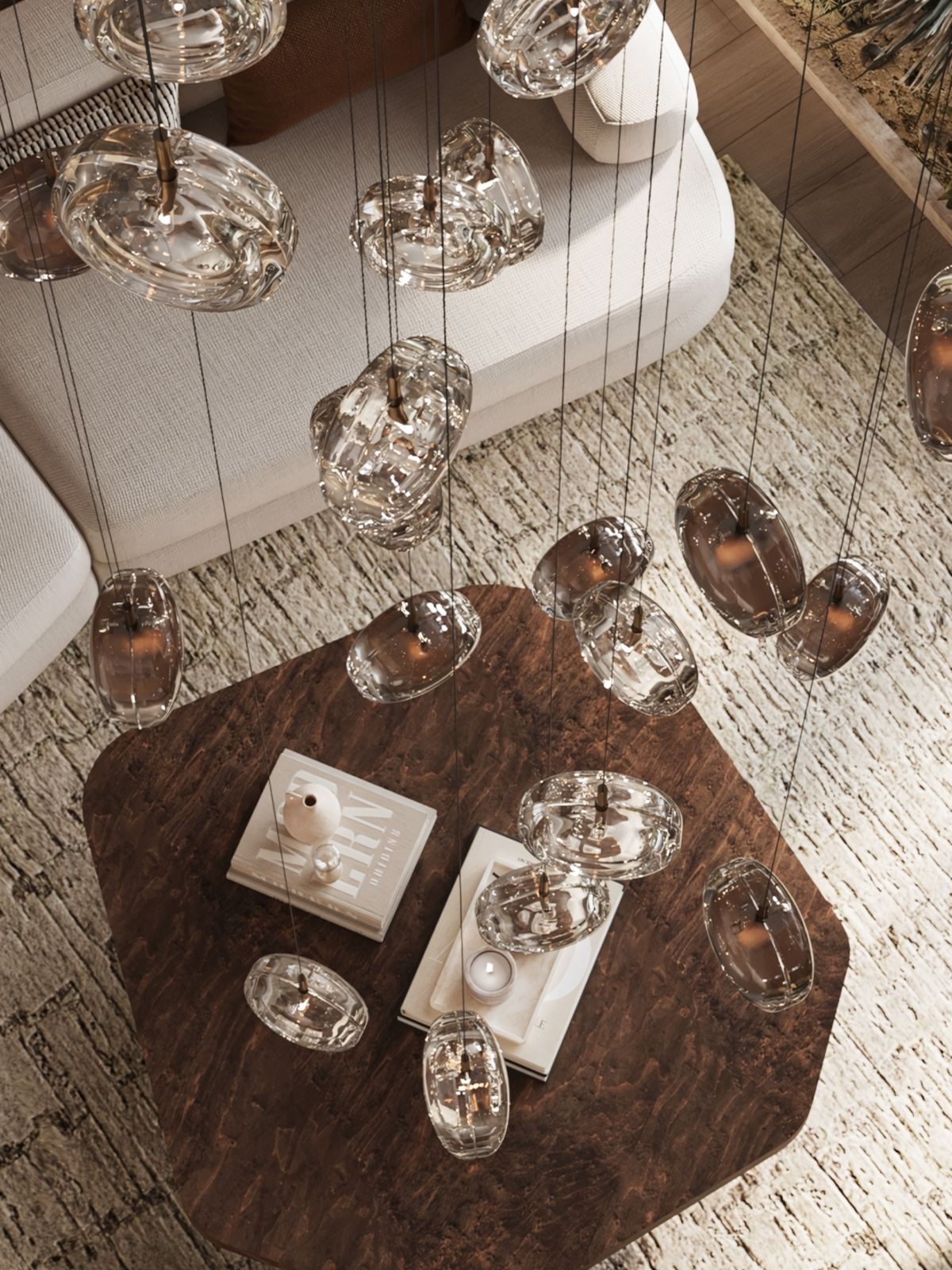 modern crystal chandelier over contemporary living room